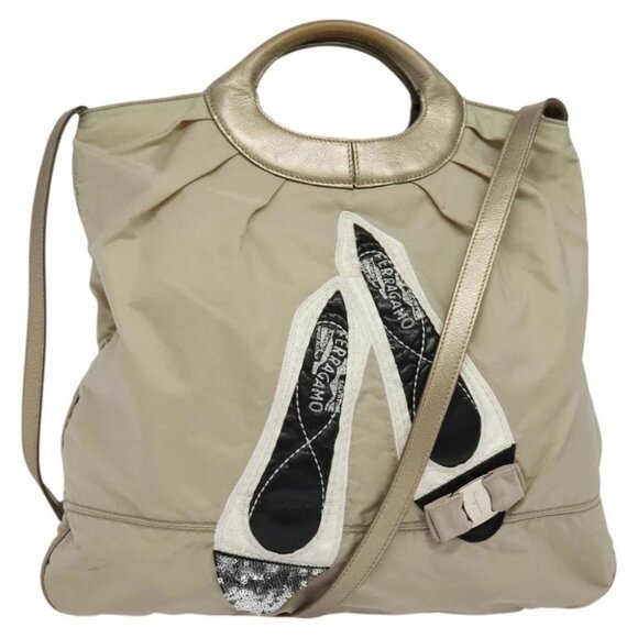Salvatore Ferragamo Vala Hand Bag Nylon 2way Beige Silver Auth BA3615 - Picture 1 of 16